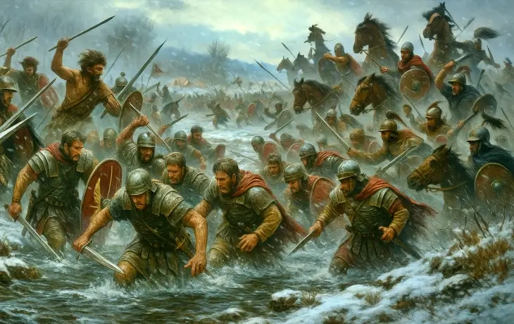 Trebia Muharebesi’nde Roma lejyonerlerinin buzlu nehirden geçerken Hannibal’ın süvarileri ve hafif birlikleri tarafından pusuya düşürüldüğü kaotik sahne; çarpışan askerler, yaklaşan süvari ve kış şartları görülüyor.